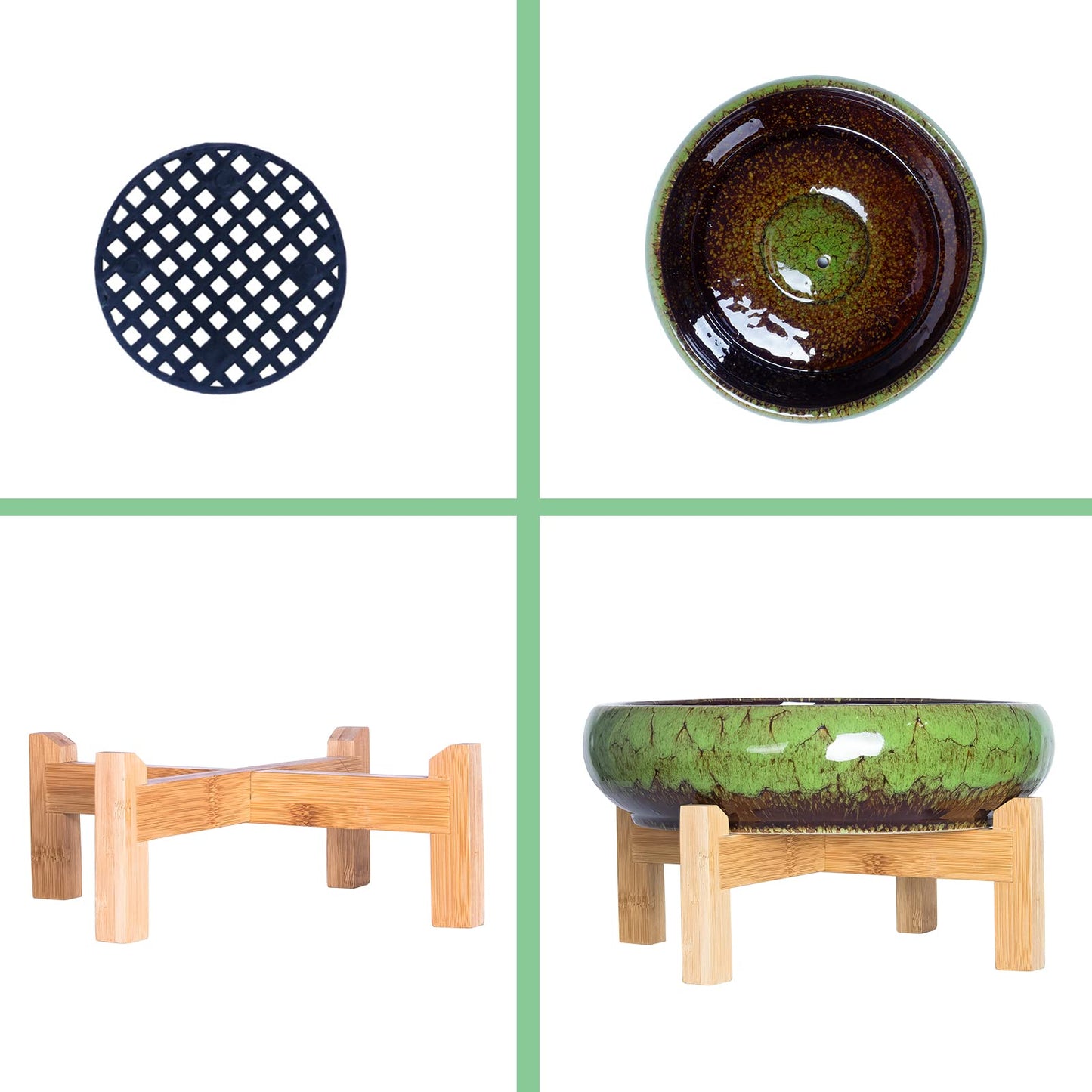 Succulent Planters, Large Succulent Pots with Drainage Bamboo Trays Colorful Bonsai Pots with Stand Ceramic Flower Pot Set of 2, Round Cactus Pot for Indoor Plants (7.3 and 10'')