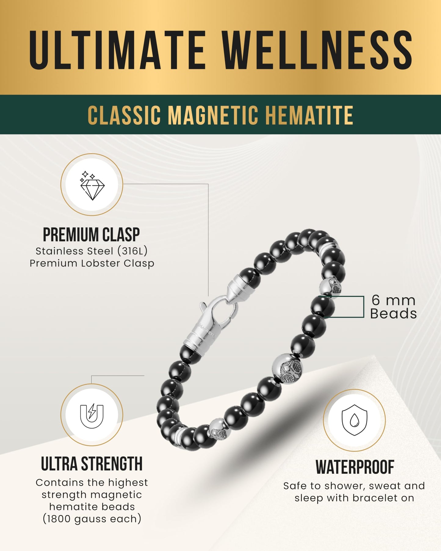 MagnetRX® Hematite Magnetic Bracelet – Max Strength Magnet Stones with Stainless Steel Charms – Elegant Magnetic Hematite Beaded Bracelets for Men (Armory | Medium)