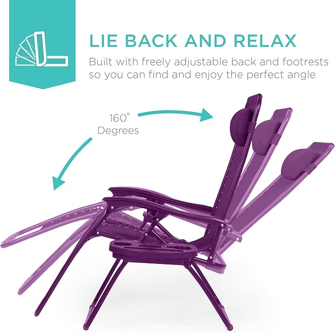 Best Choice Products Set of 2 Adjustable Steel Mesh Zero Gravity Lounge Chair Recliners w/Pillows and Cup Holder Trays - Amethyst