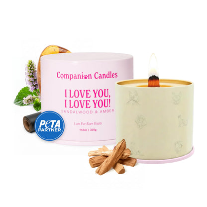 Companion Candles I Love You, I Love You! Pet-Friendly Scented Candle – Sandalwood & Amber Fragrance - Coconut Soy Wax Candle with Wooden Wick, Approx. 50-Hour Burn Time, Made in USA, 11.8 oz