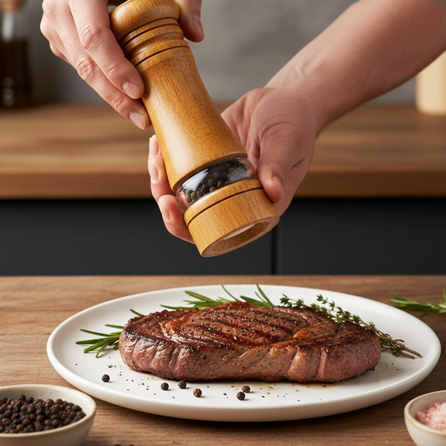 MySHUCE 2 Pack Wooden Salt and Pepper Grinder With Salt & Pepper Mill Tray, Adjustable Ceramic Grinding Rotor Manual Spice Grinder Refillable Salt Mill Sets with Acrylic Visible Window for Home Cooks