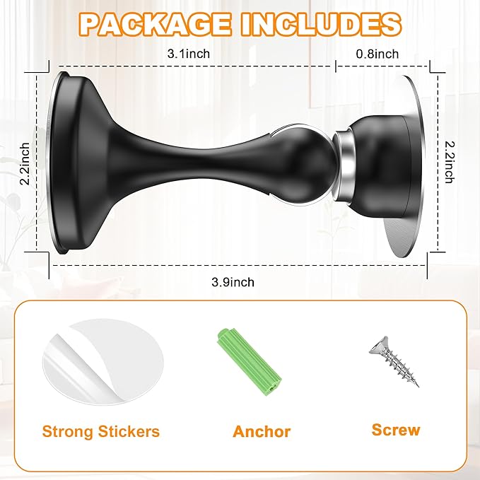 Crosize Magnetic Door Stoppers 8 Pack, Stainless Steel Door Stops for Wall and Floor Mounting, Door Holder Keep Door Open, No Drilling Door Stop with 3D Adhesive Tapes, Black