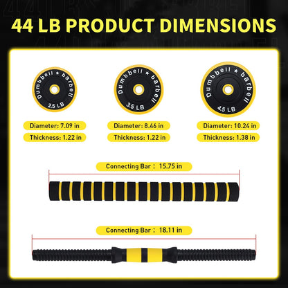 2-in-1 Adjustable Weight Set 44 Lb, Adjustable Weights with Foam Shoulder Connector Used As Dumbbell and Barbell Set, Yellow