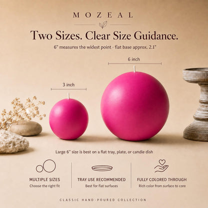 MOZEAL Hand-Poured, 6 Inch Hot Pink Large Round Ball Candles - Elegant Hot Pink Round Pillar Candles, Dripless, Unscented, Smokeless, Ideal for Parties and Celebrations.