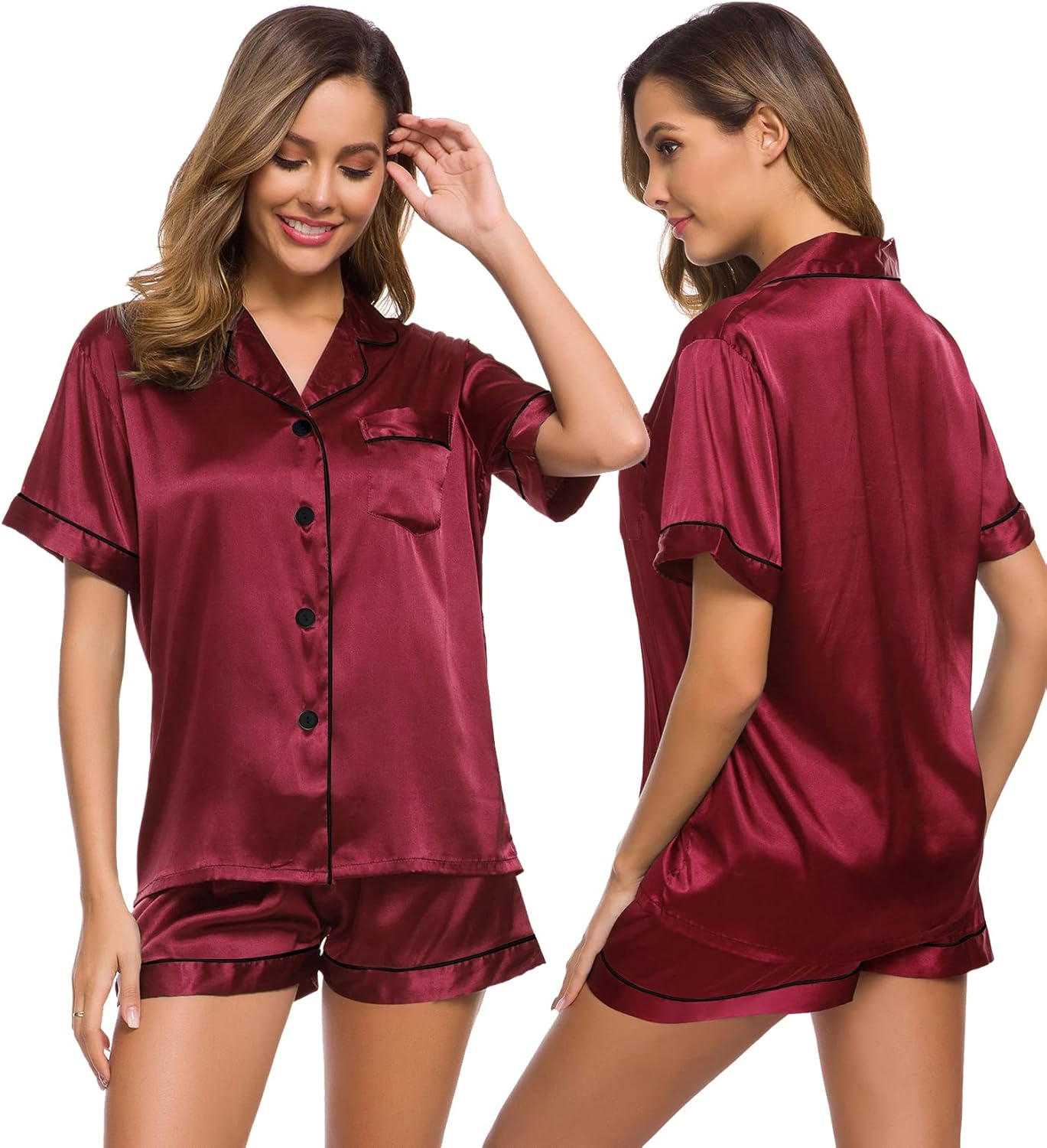 SWOMOG Womens Silk Satin Pajamas Set Short Sleeve Sleepwear Button Down Top and Shorts Loungewear 2 Piece Pjs Set XS-3XL