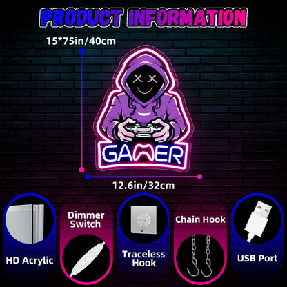 QEOICINH Gamer Neon Sign, Purple Hooded Gamer Neon Signs for Wall Decor,Gamer Room Decor for Boys, Teenage Boy Gifts, Gamer Gifts, Wall Light for Game Room, Man Cave