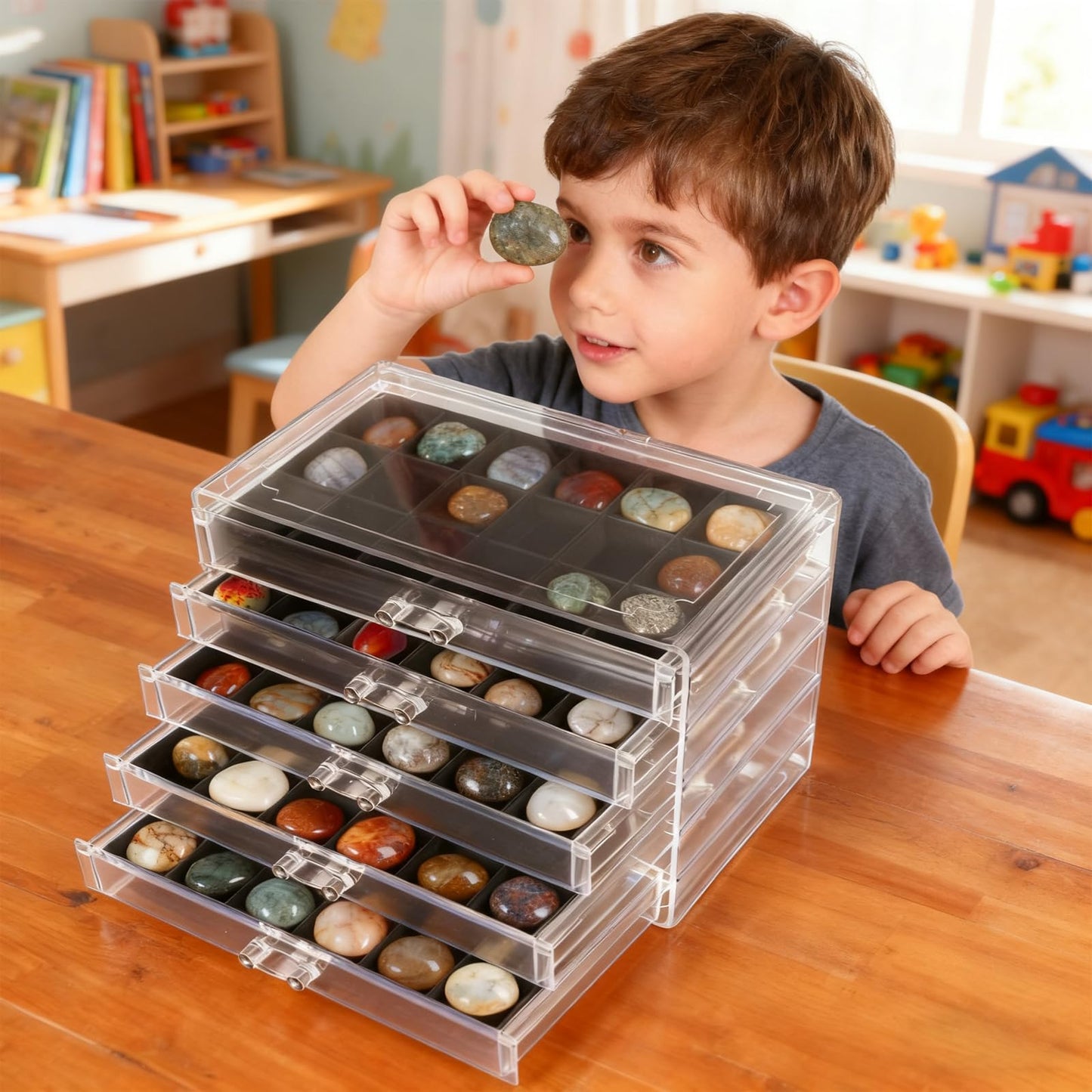 Rock Collection Box, 5 Layer 90 Grids Rock Collection Display Case, Crystal Display Shelf, Rock, Gemstone Display Case, Acrylic Clear Organizer for Gemstone Fossil Stone Display