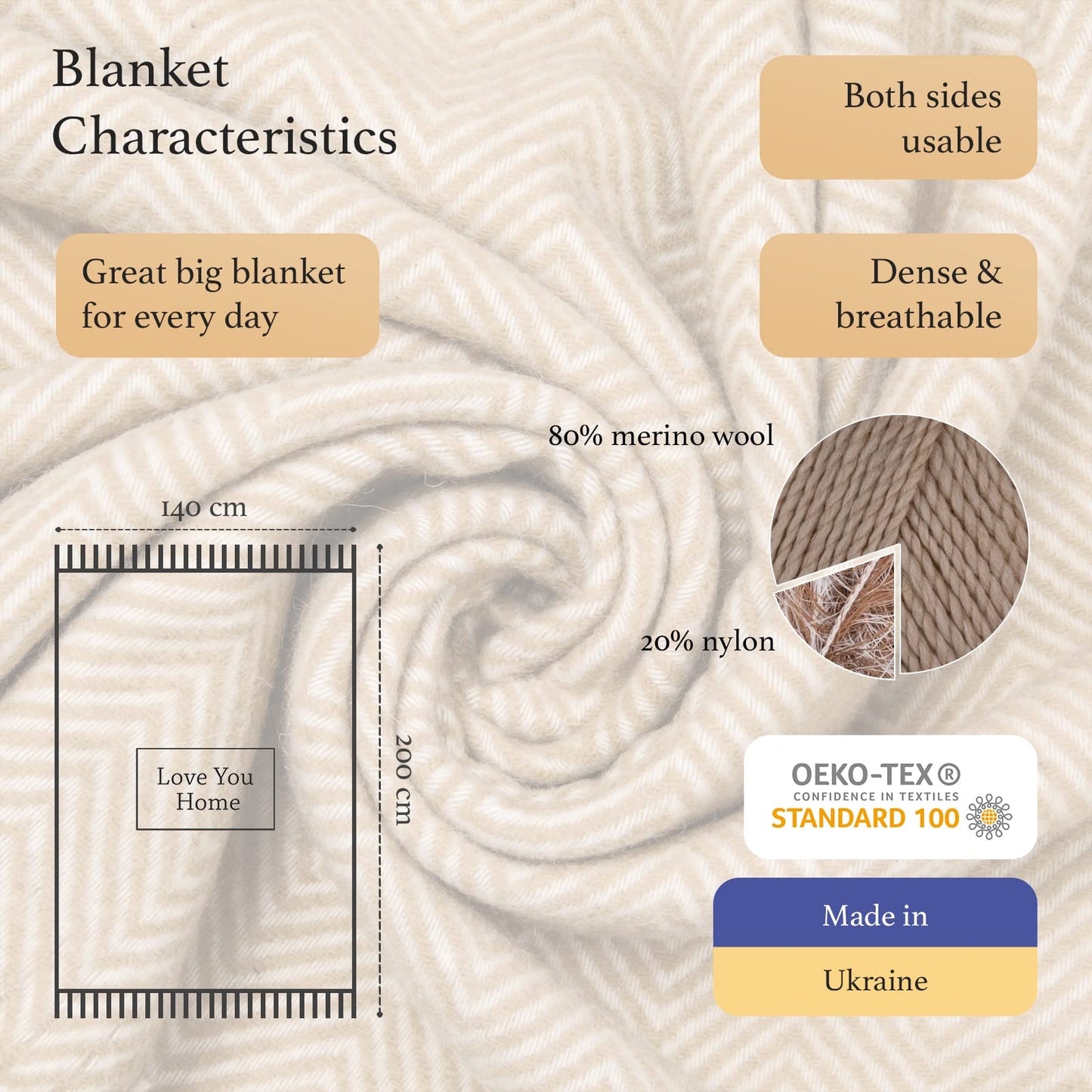 LYHome Merino Wool Blanket - Warm Throw for Cold Weather, Warmest Travel Outdoor Camping Blankets, Picnic Army and Military Throws, Comforter Soft & Cozy (55" x 79" Beige with White Chevron)