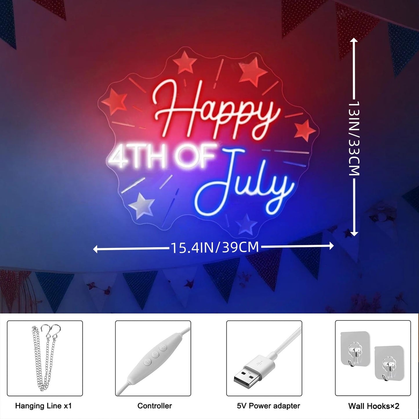 Happy 4TH of July Decors Neon Sign Happy Independence Day Led Sign 4th of July Celebration Light Patriotic Welcome Memorial Day Decoration, 15.4"x13"