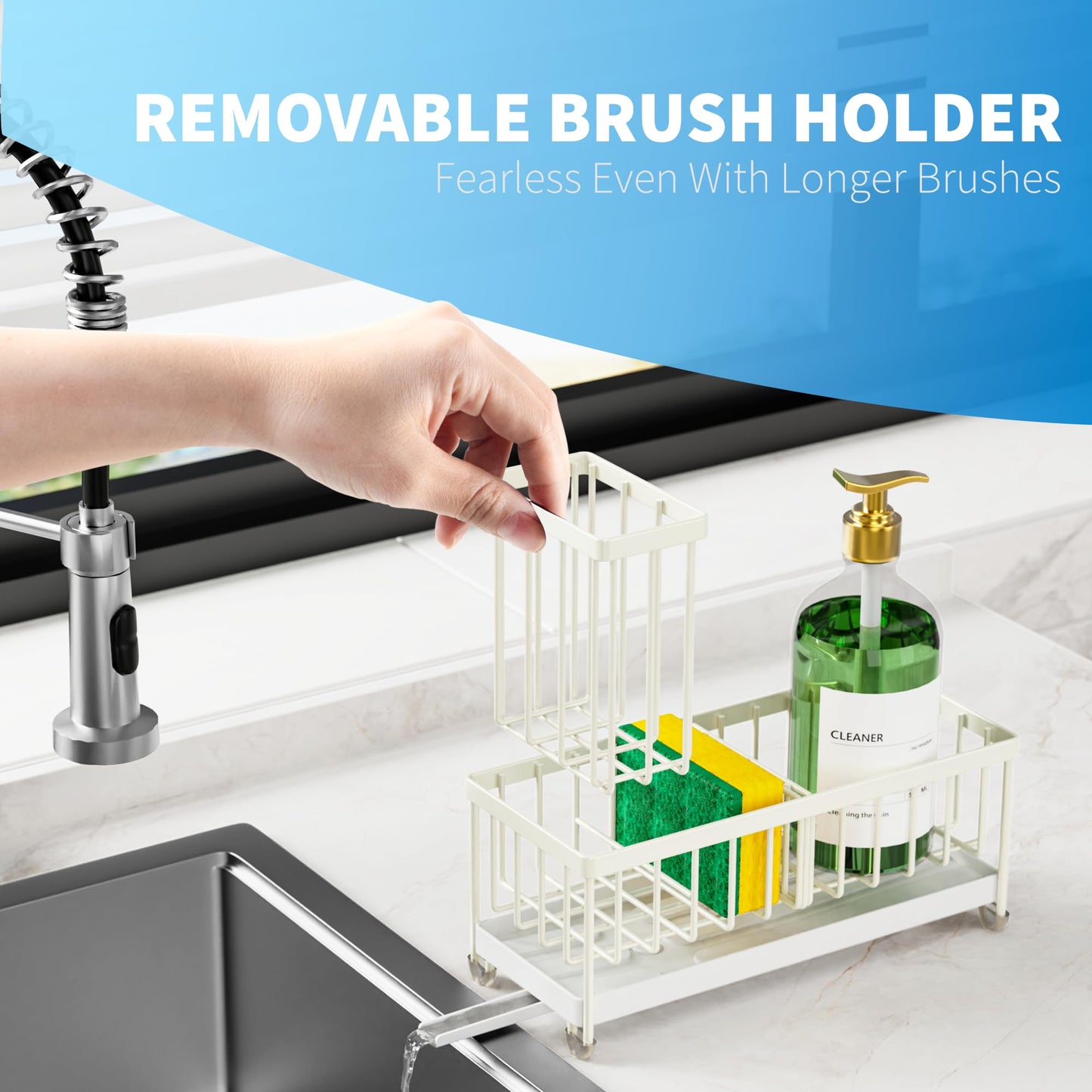 Cisily Black Sponge Holder for Kitchen Sink, Sink Caddy Organizer with High Brush Holder, Kitchen Countertop Organizers and Storage Essentials, Rustproof 304 Stainless Steel, Soap Dispenser Organize
