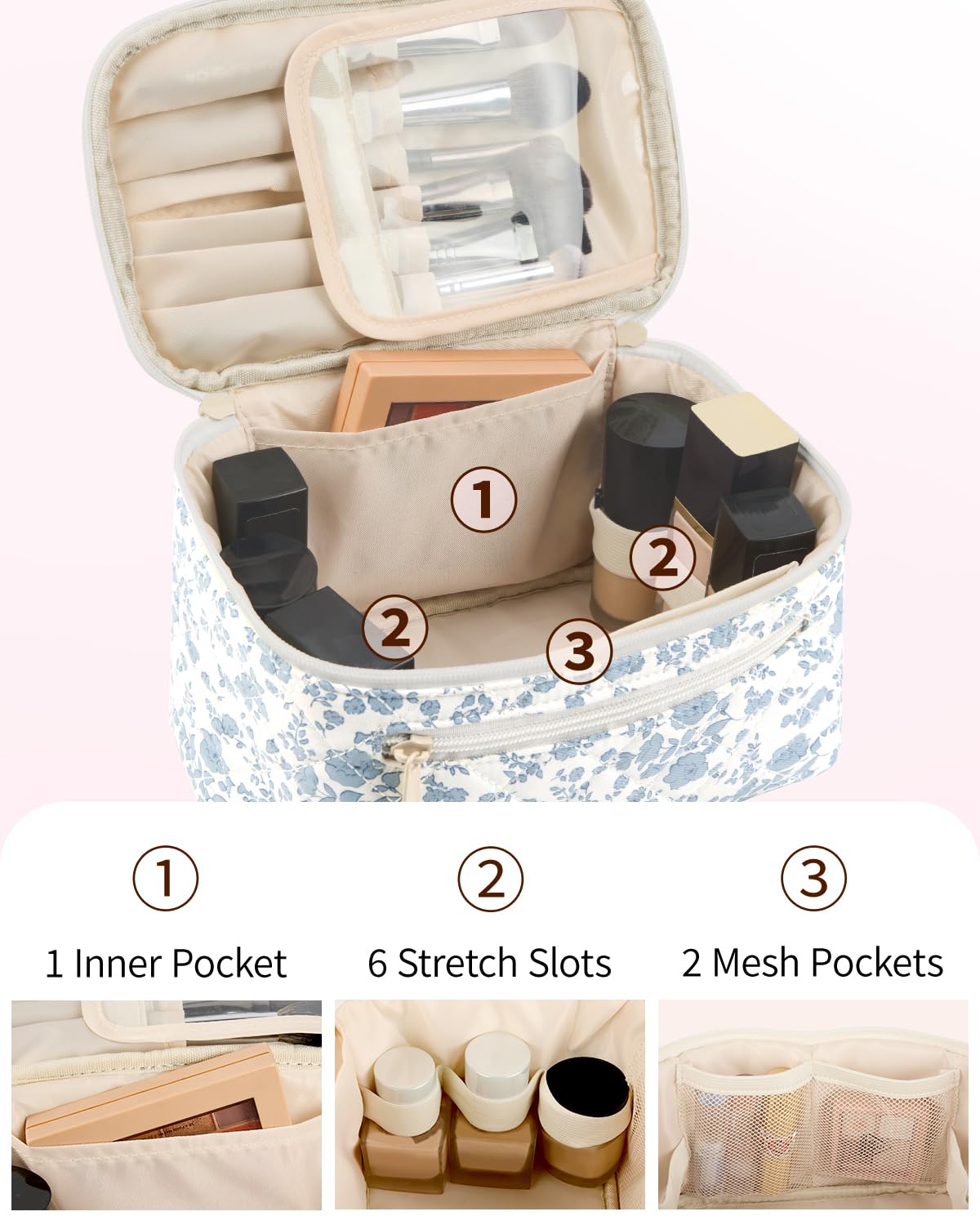 Travel Makeup Bag with Brush Compartment, Large Cosmetic Bags, Quilted Fabric Makeup Case with Handle, Water-Resistant for Women, Blue Flower (Patent Pending)