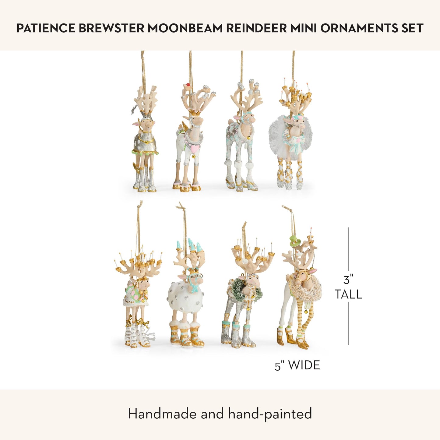 MACKENZIE-CHILDS Patience Brewster Mini Ornaments Set, Mini Christmas Ornaments, Moonbeam Reindeer