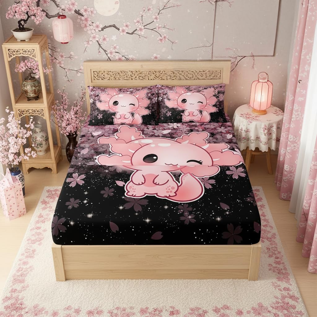 QOOMO Kawaii Axolotl Bedding for Boys and Girls Pink Cherry Blossom Super Soft Kids Bedding Set Sparkling Stars Breathable Room Decoration Queen Size 1 Fitted Sheet, 1 Flat Sheet, 2 Pillow Cases