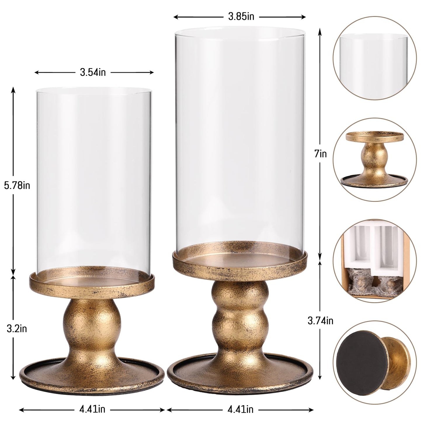NITIME 2pcs Hurricane Candle Holder for Pillar Candles, Antique Brass Iron Candle Holders with Clear Glass Sleeve for Table Centerpieces, Pillar Candle Holders for Home, Wedding Decor