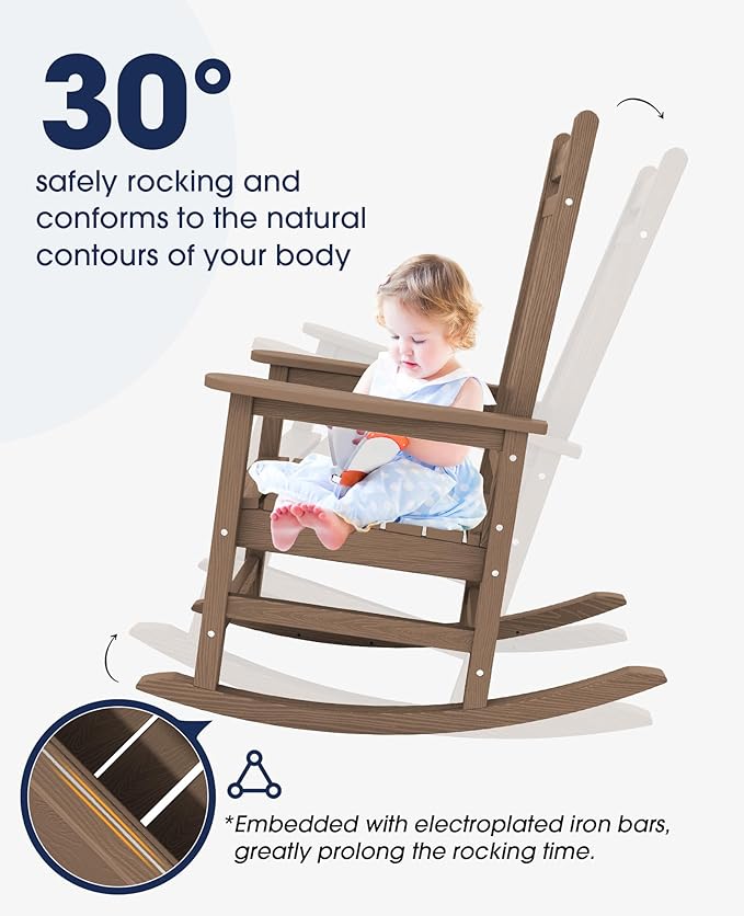 KINGYES Oversized Outdoor Rocking Chair Set of 8, All-Weather Patio Rocking Chairs for Porch, HDPE Outdoor Patio Rockers with High Back & Wide Seat for Garden, Lawn, Brown