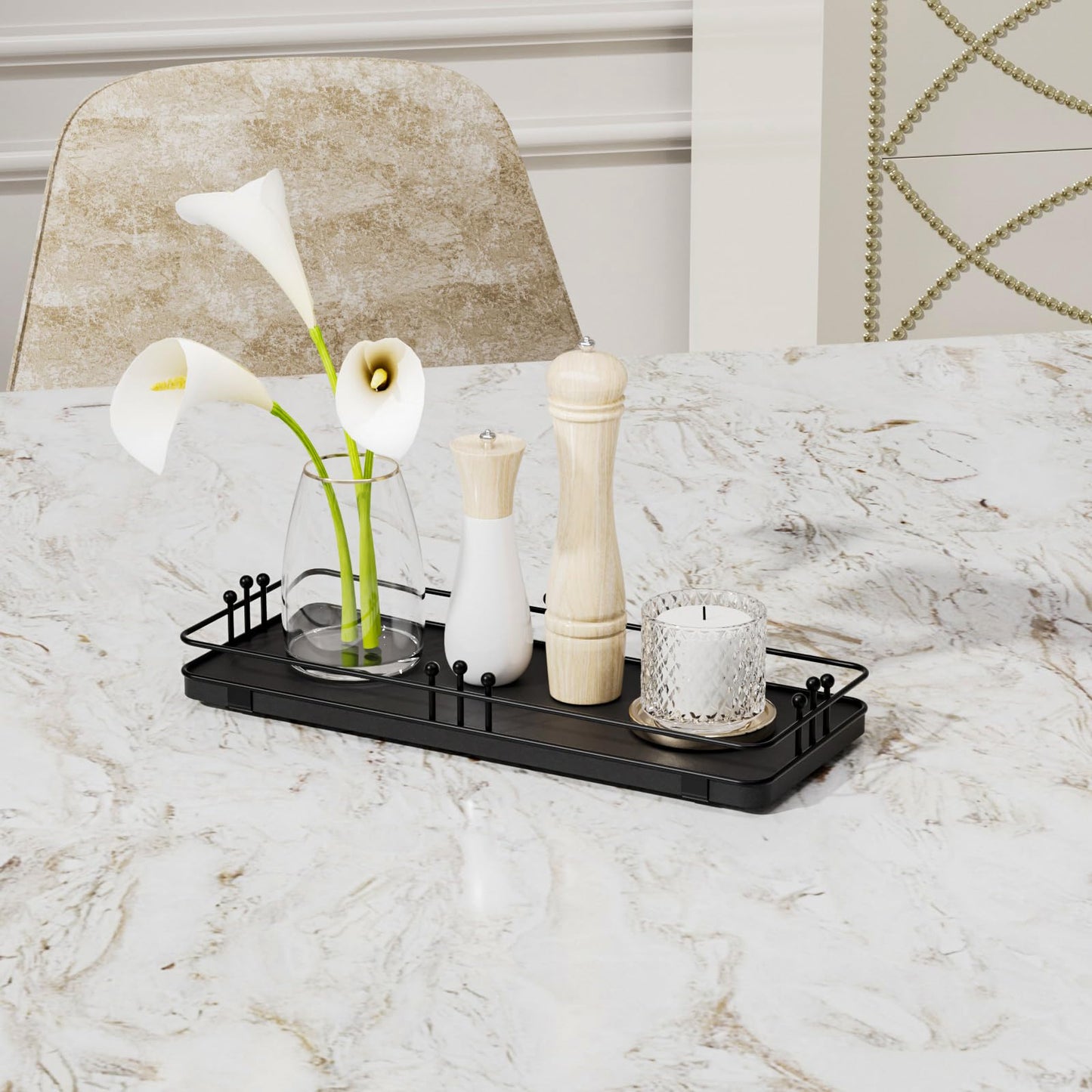 Pursura Bathroom Vanity Tray for Countertop Toiletries Perfume Makeup Soap Dispenser Toilet Tank, Kitchen Tray for Salt Spice, Black Decor Tray for Candle Nightstand Coffee 11.3”x 4.4”
