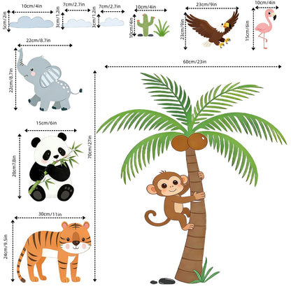 Jungle Tree Animal Wall Decals with Eagle Monkey Tiger Panda Elephant, Peel and Stick Safari Wall Stickers for Baby Nursery, Kids Bedroom and Playroom Decor