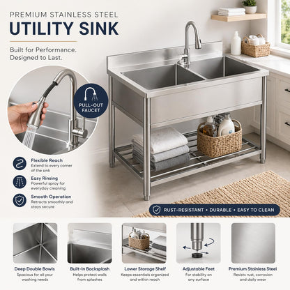 42" x 22" Freestanding Stainless Steel Utility Sink with Pull Down Faucet and Workbench Top, Extra Wide Basin for Laundry Room, Garage, or Workshop