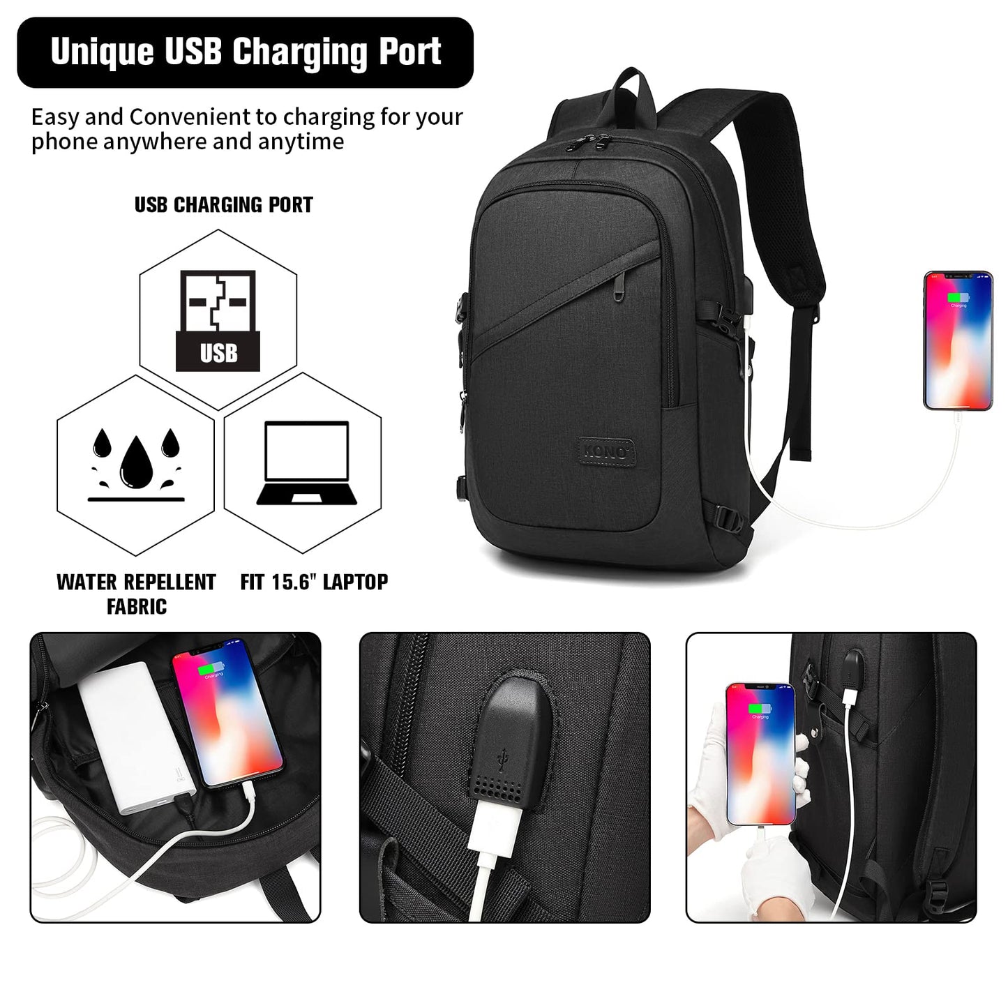 Kono Laptop Backpack, Anti Theft Rucksack for Men Women Travel Work 15.6 Inch Laptop Bag with USB Charging Port Lightweight School Bag for Girls Boys