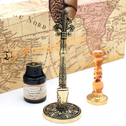GC QUILL Antique Quill Pen Unique Half-Patterned Feather Pen Set with 6 Nibs 1 Bottle of Ink 1 Seal Stamp 1 Pen Holder 1 Sealing Wax LL-149