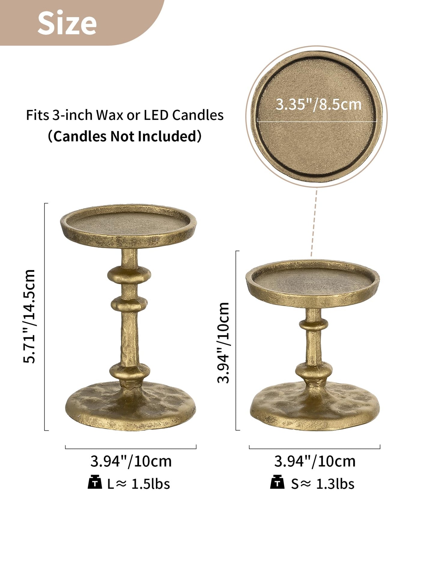 NUPTIO Gold Candle Holders for Pillar: Antique Brass Cast Iron Candleholder for 3 Inch Pillars -Heavy Metal Candle Stand for Christmas Party Table Decor