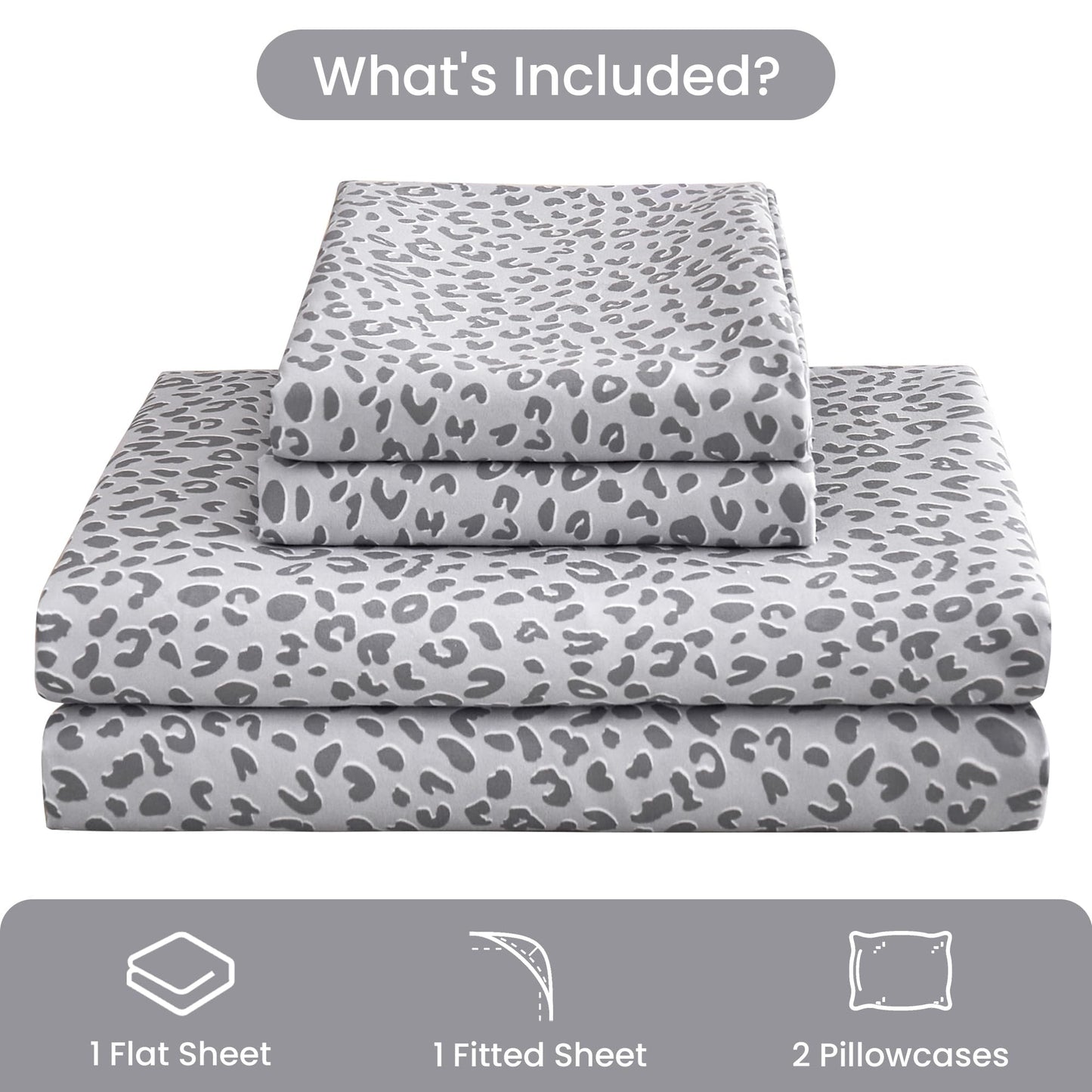 Mooreeke Leopard Cheetah Printed Full Bed Sheets, Soft Microfiber Bedding Sheets & Pillowcases, Deep Pocket Non-Slip Fitted Full Sheet, Silver Grey Animal Pattern Bedsheets