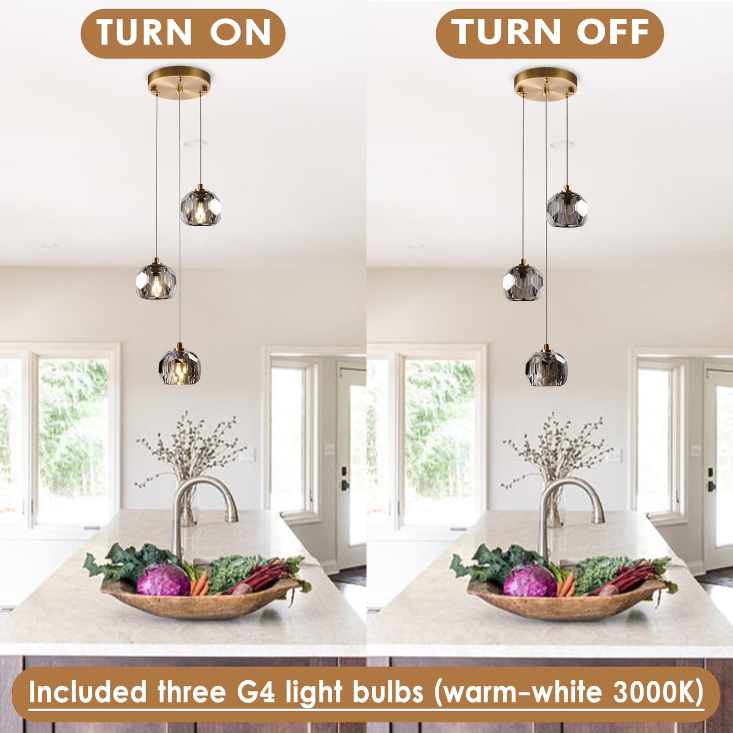 Yaskina 3-Light Prism Crystal Pendant Light, Modern Smoke Crystal Pendant Light Fixtures 9W, Triple Pendant Round Ceiling Pendant Lighting for Dining Room Kitchen Island