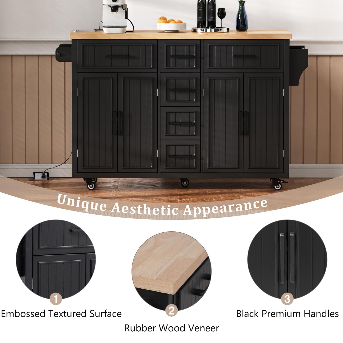 Trygoal Kitchen Island with Power Outlet and Drop Leaf, 56.5" Rolling Kitchen Cart on Wheels with 5 Drawers & 4 Soft-Closing Doors, Mobile Kitchen Island with Embossed Stripe for Dining Room, Black
