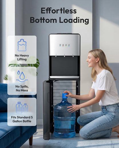 Euhomy Self-Cleaning Bottom-Loading Water Dispenser, Compatible with 5 Gallon Bottles - 3 Temperature Settings with Hot, Room & Cold Water Outlets, Childproof Lock, Night Light & LED Display，Black