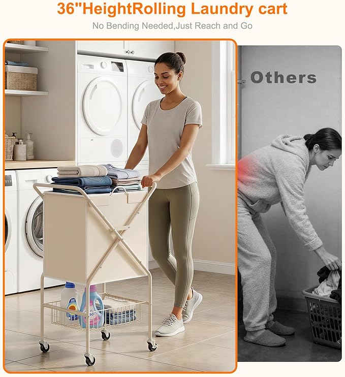 Laundry Basket with Wheels:88L Rolling Laundry Cart Foldable Metal Frame Dirty