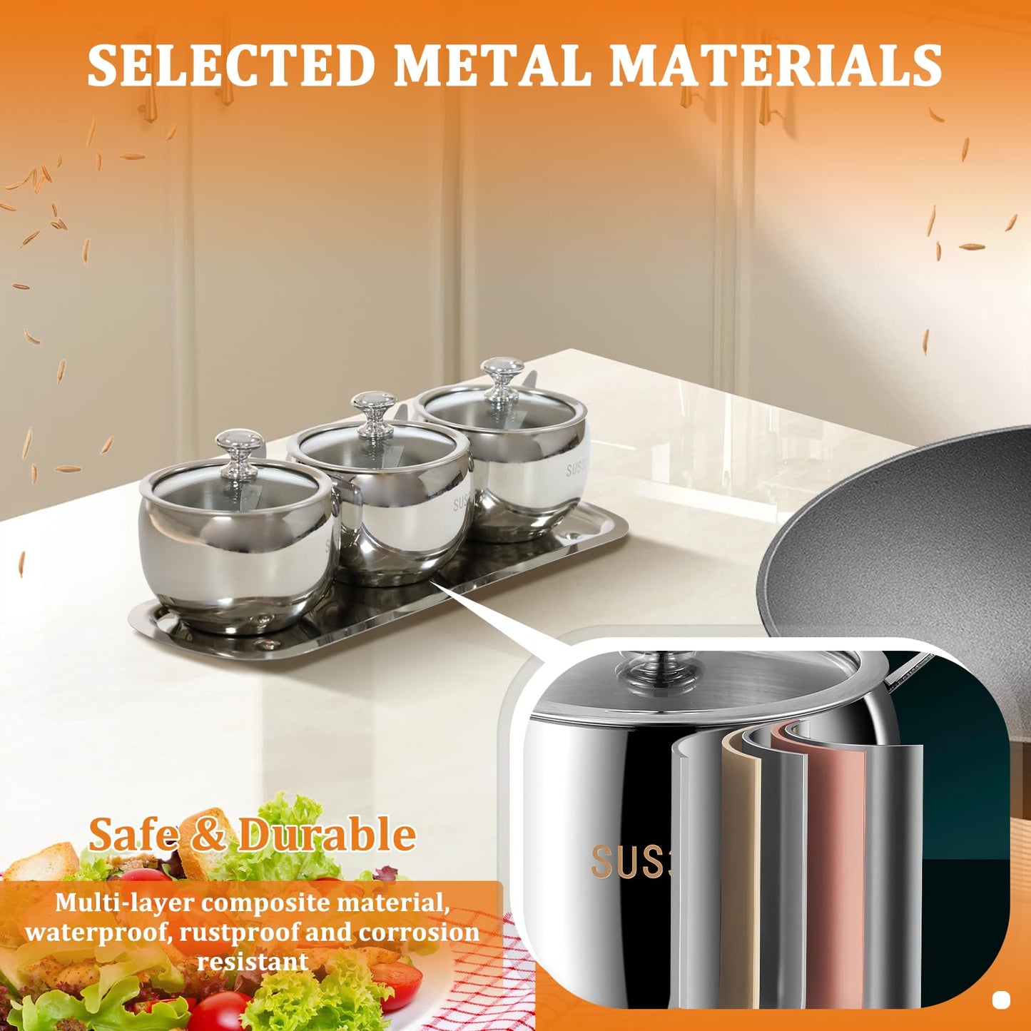 3 Grids 10 Oz Stainless Steel Sugar Bowl with Spoon Tray Lid, Silver Salt Spice Containers Dispenser Set, Sugar Jar Holder Dish for Coffee Bar Storage Seasoning Kitchen Countertop (Silver)