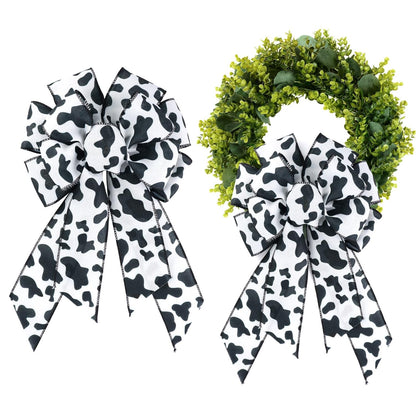 Kutyndrix Cow Print Ribbon Bow 14.57x9.06 Inch Wire Edged Rustic Farmhouse Decor for Christmas Tree Topper Wreath Gift Wrap Party Supplies
