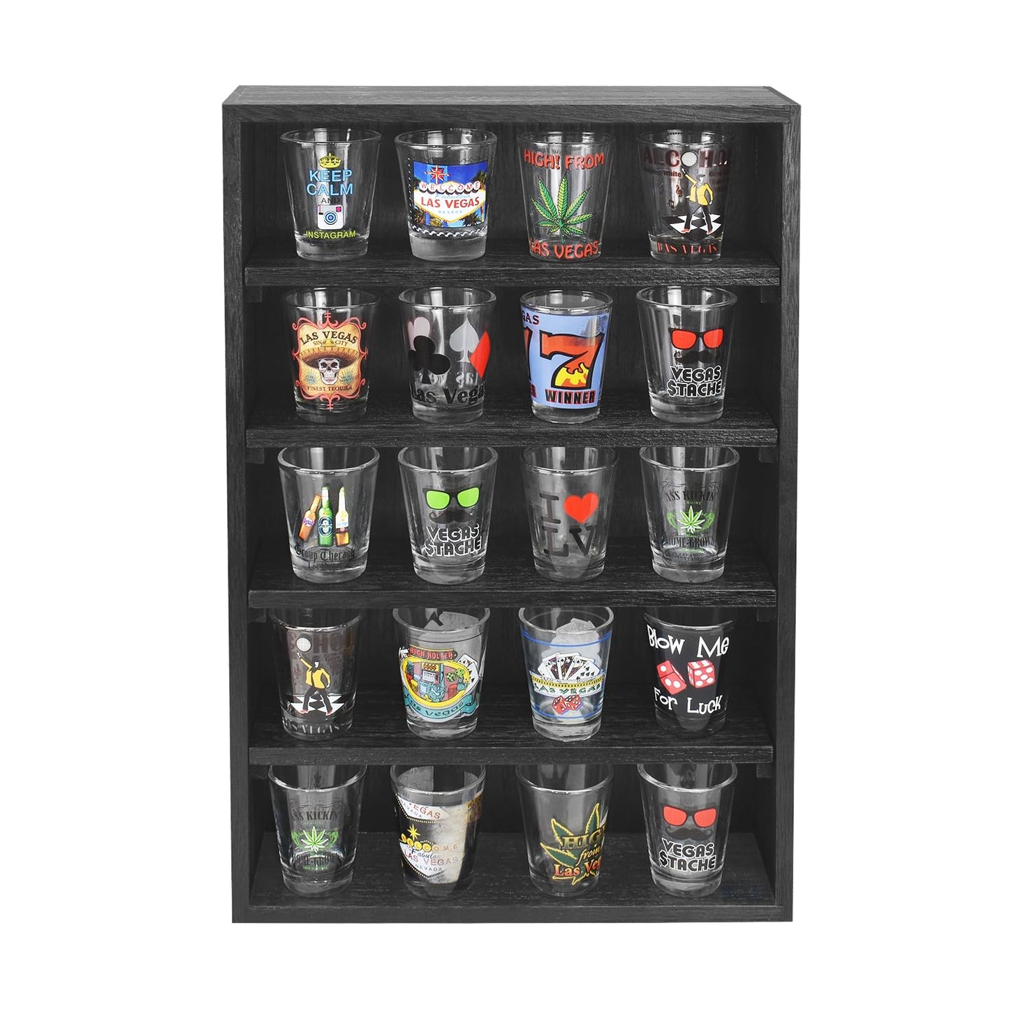 Ikee Design Wooden Wall-Mounted Display Shelves Rack for Collectibles, Figures,Shot Glasses,Spice Can,Cosmetics or Perfume, 5 Adjustable Height Shelves,Space-Saving, Black Color