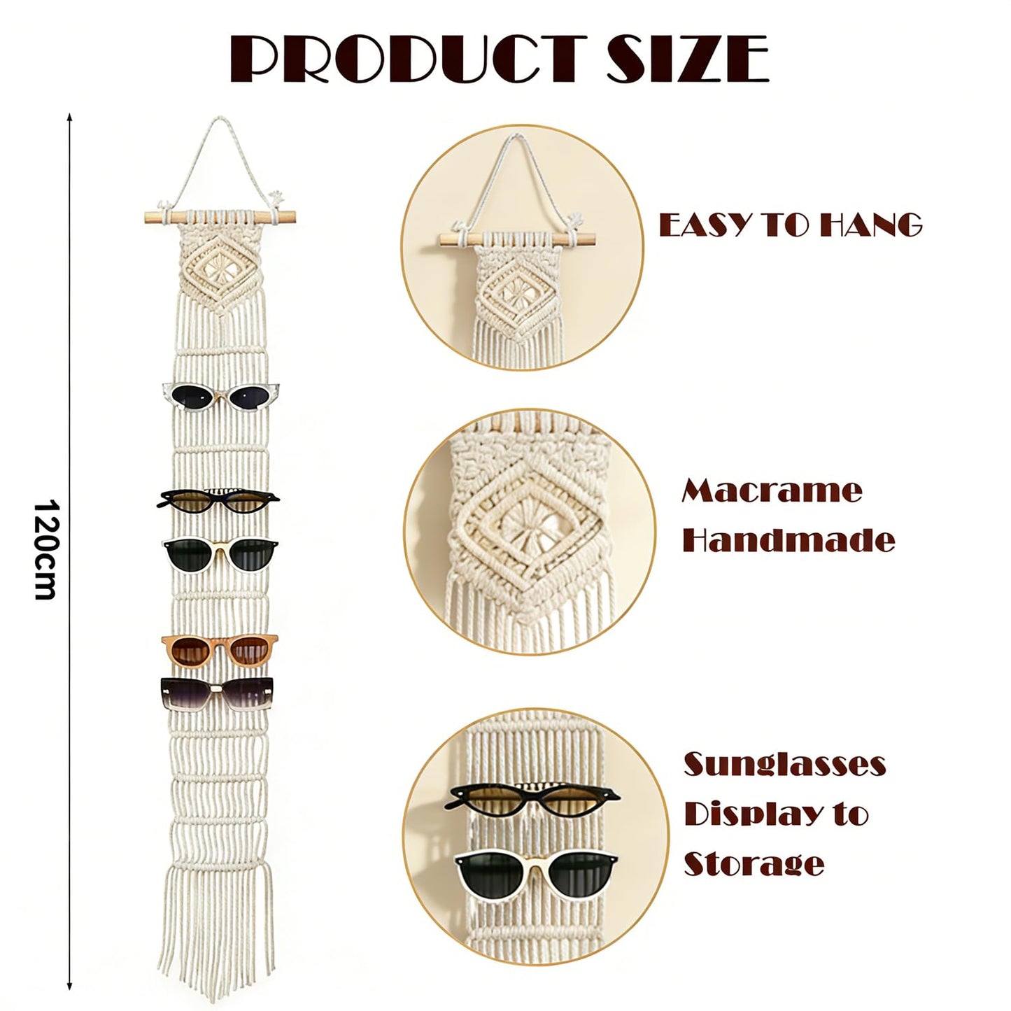 W Wellshine Macrame Sunglasses Holder Boho Wall Hanging Minimalist Eyewear Organizer Wall Sunglasses Rack Sunglasses Display (Nature)
