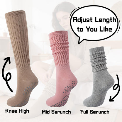 MKYSZLT 6 Pairs Grip Pilates Socks for Women Non Slip Grippy Slouch Scrunch Yoga Barre Socks with Grips Workout Hospital (1#(white,black,khaki,gray,pink,beige))