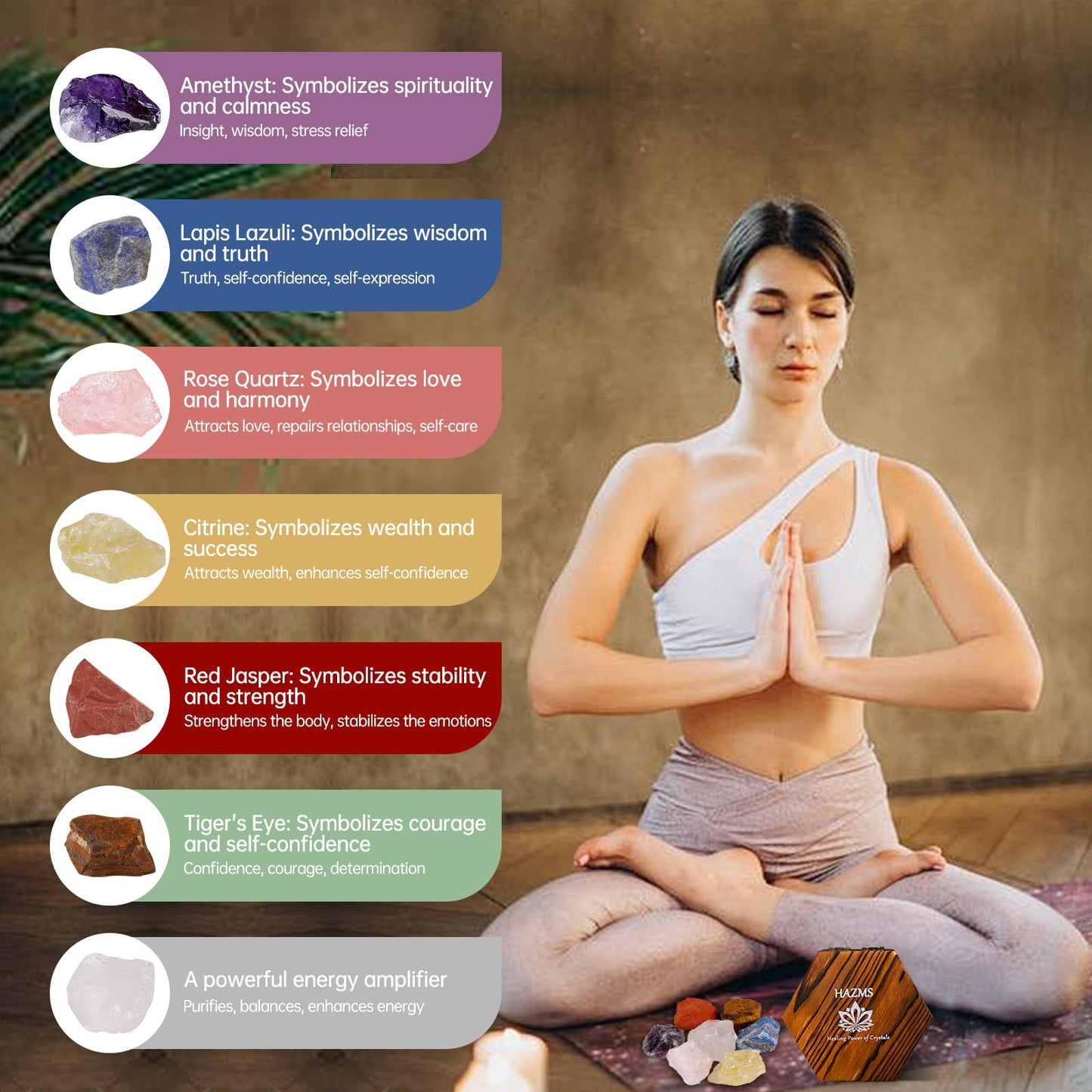 Hazms 7pcs Crystals and Healing Stones with Wooden Gift Box, Raw Healing Crystals and Chakra Stones Set, Rose Quartz, Amethyst, Clear Quartz for Meditation Yoga Healing Protection-Gift for Women