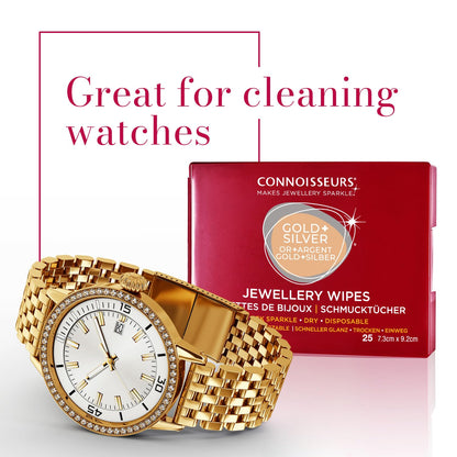 Connoisseurs Jewellery Wipes | 25 Jewellery Cleaning Wipes for Gold & Silver Jewelery | Anti-Tarnish Protective Shield | Dry, Disposable