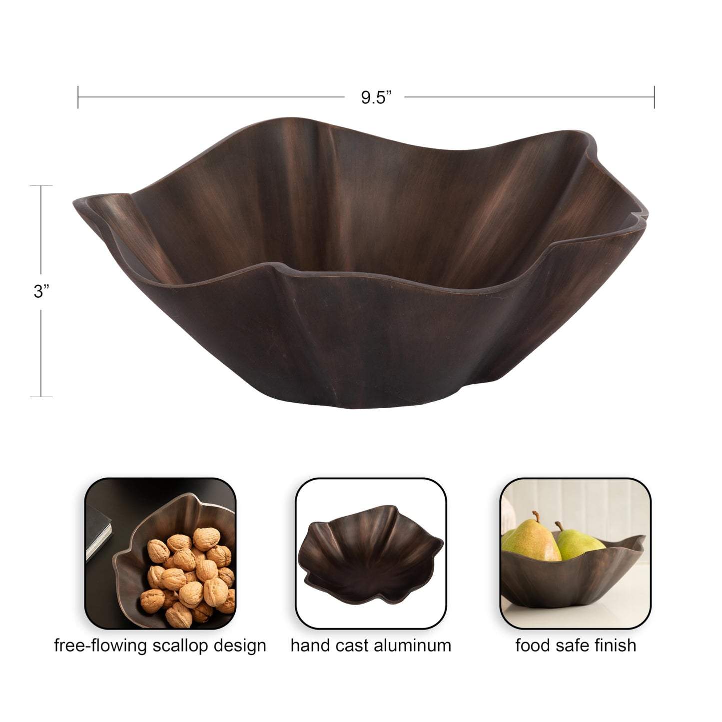 Kate and Laurel Flutte Scalloped Decorative Metal Serving Bowl, 10 x 10 x 3, Bronze, Modern Wavy Fruit Bowl for Kitchen Counter or Use as Tabletop Storage for an Entryway Table