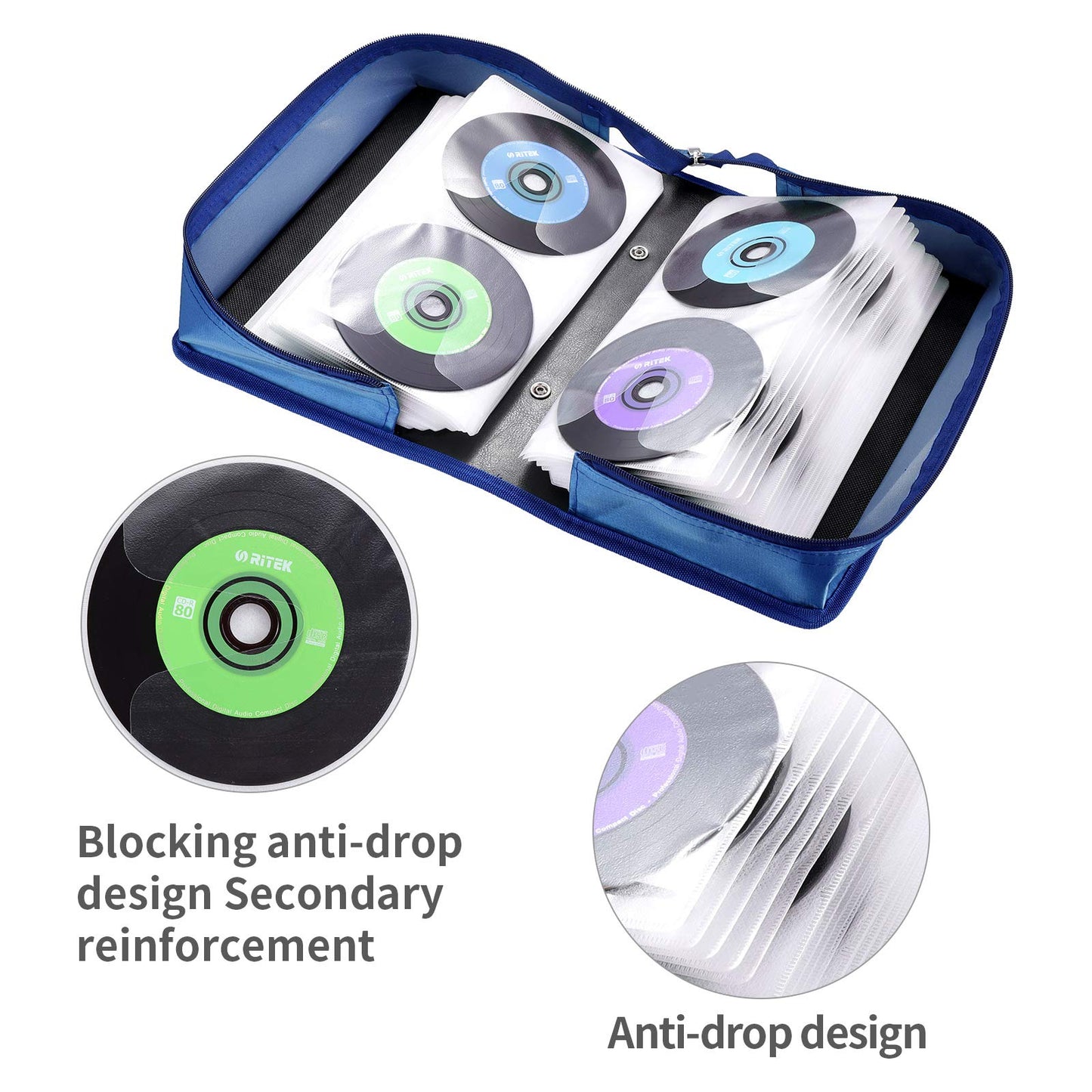 alavisxf xx CD Case, 160 Capacity Nylon CD DVD Storage Wallet Protective Disc Organizer Carrying Case with Card holder (160 Capacity, Blue)