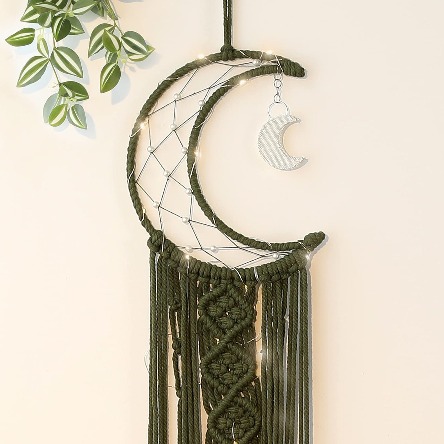 Boho Macrame Woven Wall Hanging for Kids, Crochet Crescent Moon Star Dream Catcher with Long Tasselt, Olive Cotton Handmade Bohemian Home Decor Decoration for Nursery Bedroom Dorm Room