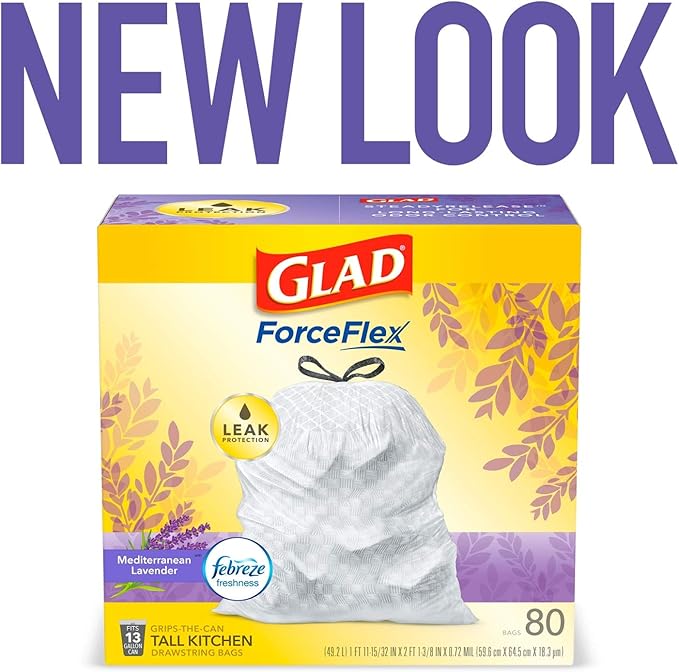 Glad ForceFlex Tall Kitchen Trash Bags, 13 Gallon, Gain Lavender
