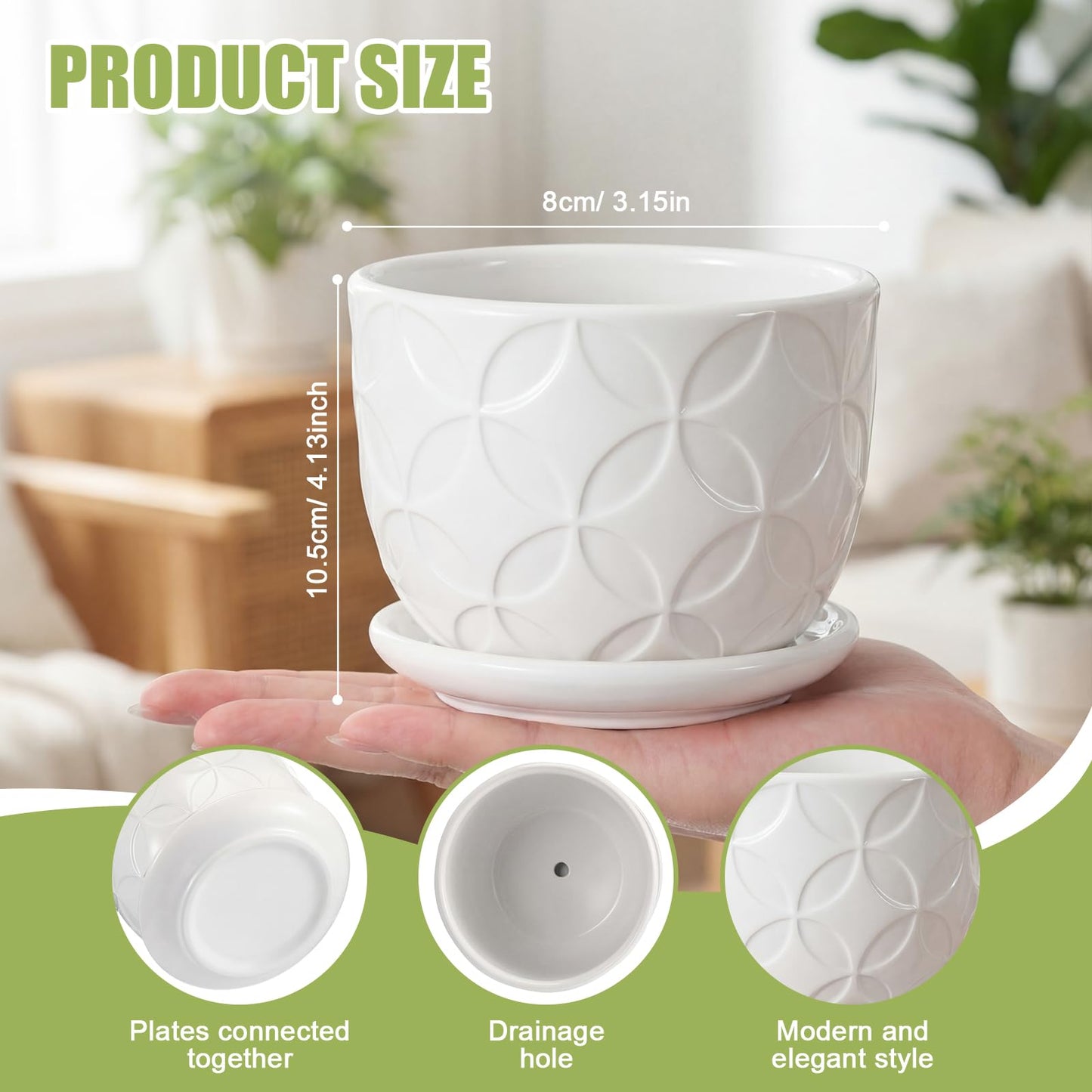 Maxdot 6 Set 4 Inch Ceramic Pots for Plants White Flower Pots with Drainage Holes Saucer Flower Planter for Indoor Outdoor Gardening Home Desktop Office Windowsill Decor