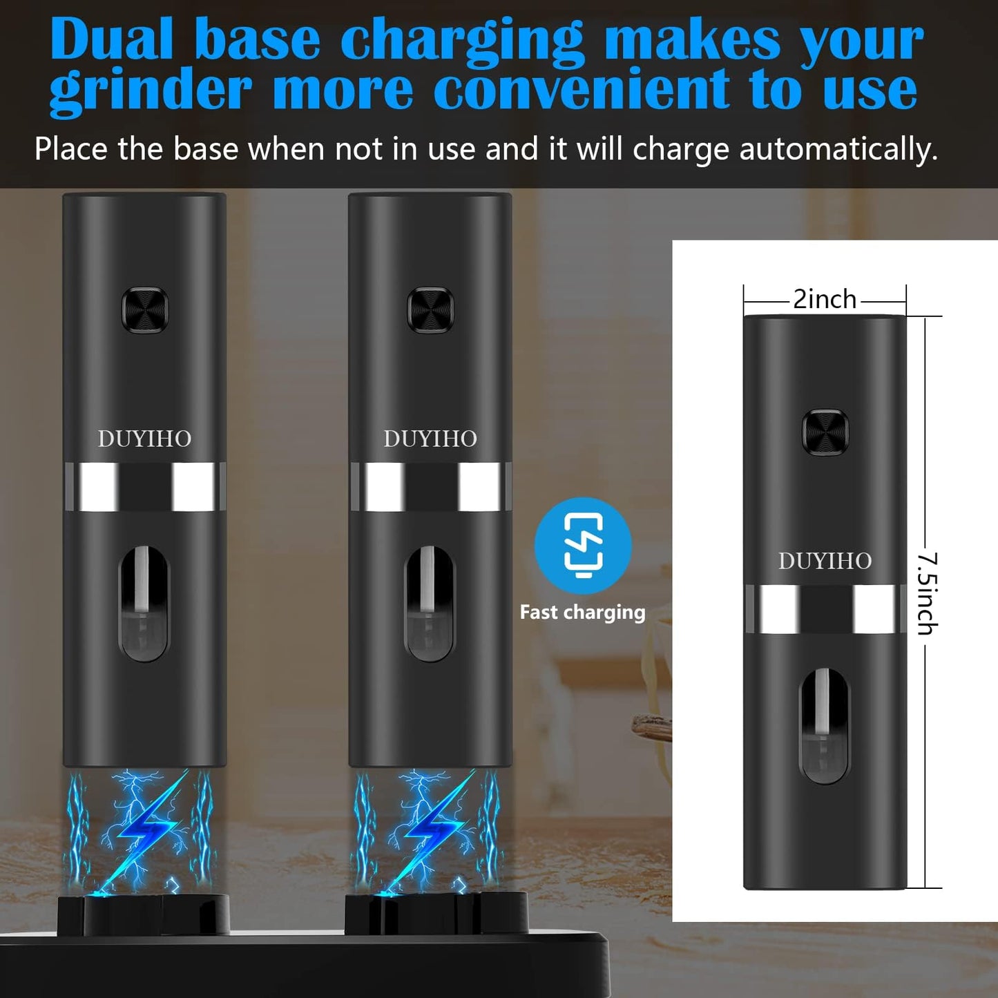 Rechargeable Electric Salt and Pepper Grinder Set with Double Charging Base, Support Battery Operated, Refillable Spice Automatic Mill Shakers Set with Adjustable Coarseness and LED Light