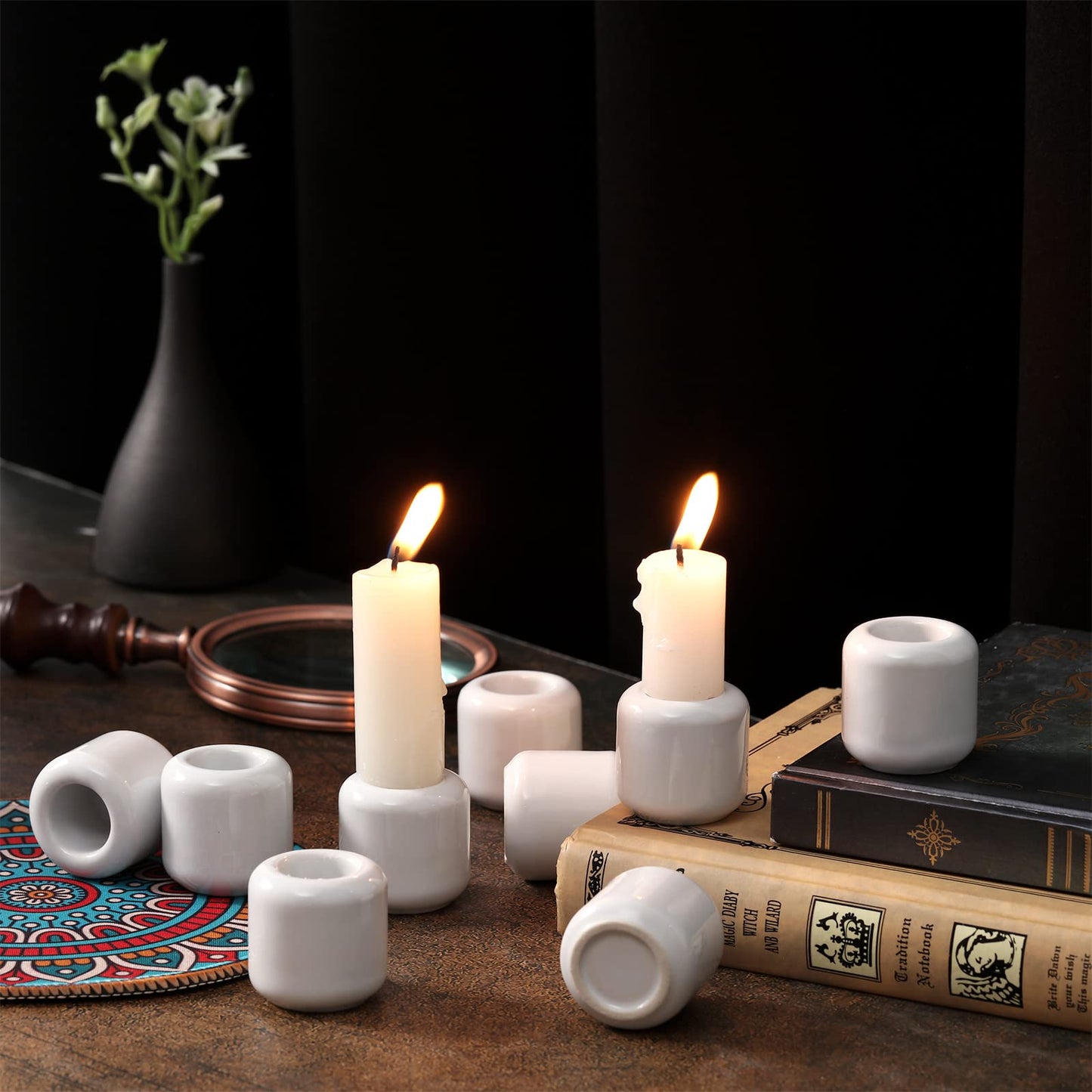 Suclain 20 Pcs 0.7 Inch Chime Candle Holder Small Candle Holders Ceramic Holder for Rituals, Spells, Vigil, Altar, Witchcraft, Wiccan Supplies (White)