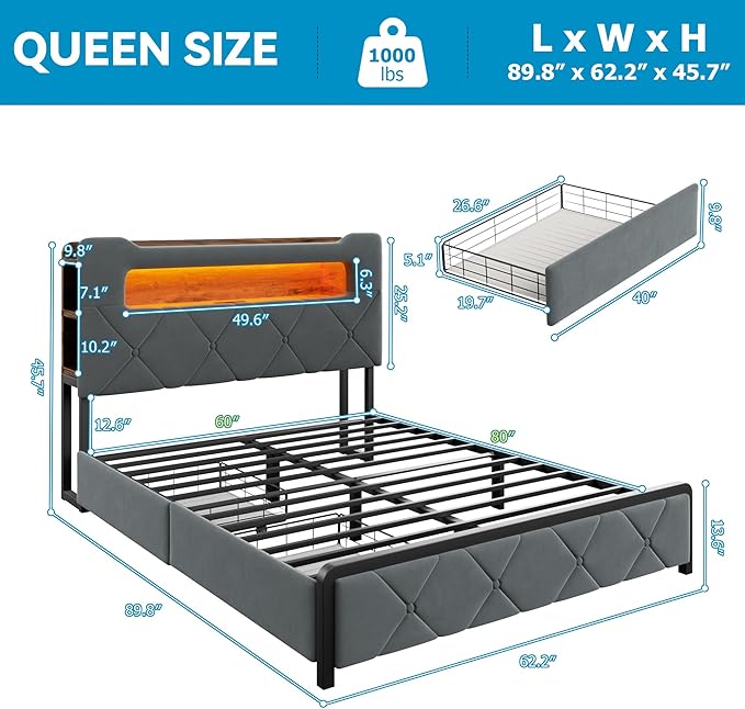 Jocoevol Queen Upholstered LED Bed Frame