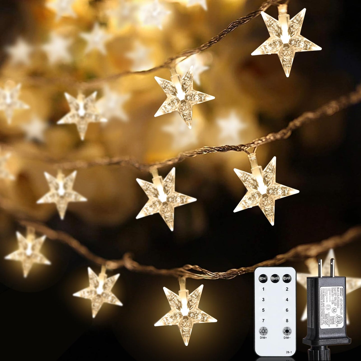 JOLYMOLY Star String Lights Plug in, 59 Ft 100 LED Star Fairy Lights with Remote Timer, Connectable Waterproof for Bedroom Wedding Party Indoor Outdoor Décor, Warm White
