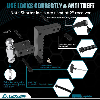 CROSSHIP Adjustable Drawbar Trailer Hitch - Heavy Duty Aluminum Drop Hitch - Fits 2" Receiver, 8" Drop/Rise, for Truck, SUV, RV(12500 Lbs GTW)