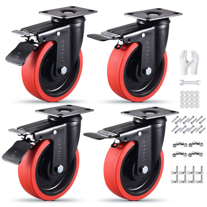 Casters Set of 4 Heavy Duty 5 Inch Caster Wheels with Brake 3000Lbs Capacity Silent Swivel TPR Rubber Wheel Locking Industrial Plate Castors Perfect for Carts, Furniture and Workbenches