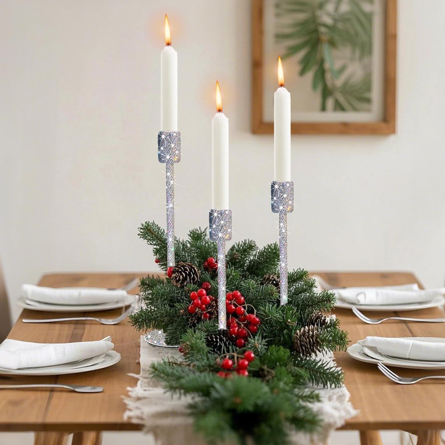 SlowVibes Bling Candlestick Holders Set of 3,White Crystal Rhinestone Tall Taper Candle Holders,Crushed Diamond Home Decor,Decorative Centerpiece for Table Mantel Wedding Fireplace,Housewarming Gift