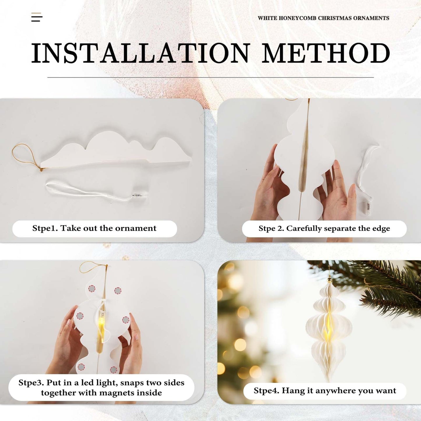 White Christmas Hanging Decorations Set, 3D Paper Honeycomb Ornaments Decorative Honeycomb Bell Lanterns with Lights, Paper Snowflake Fans Garlands for Xmas Tree Winter Wonderland Holiday Party Decor